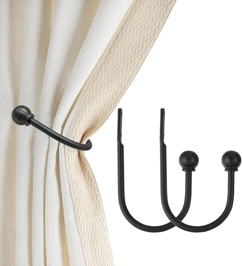 ARNORX Curtain Holdbacks, Hooks, 2 PCS，Solid Steel Hooks, Decorative French Ball End, Curtain Drapery Holdbacks, Wall Mounted, Curtain Tiebacks, Matte Black - Image 1